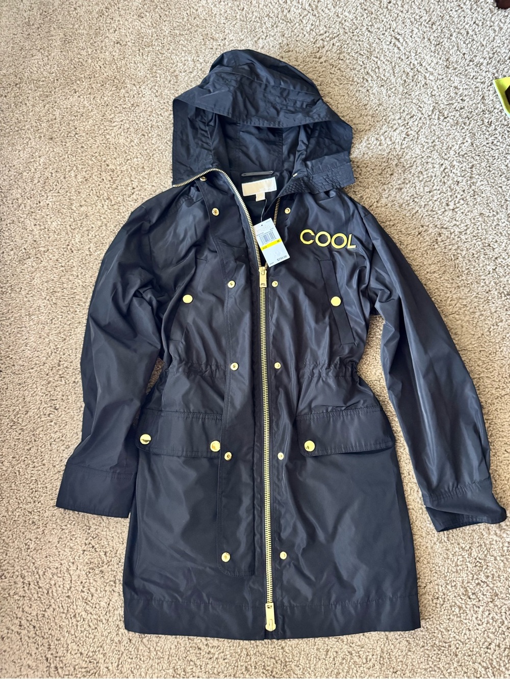 Michael Kors Black Hooded Trench Coat with Gold Hardware and COOL Detail